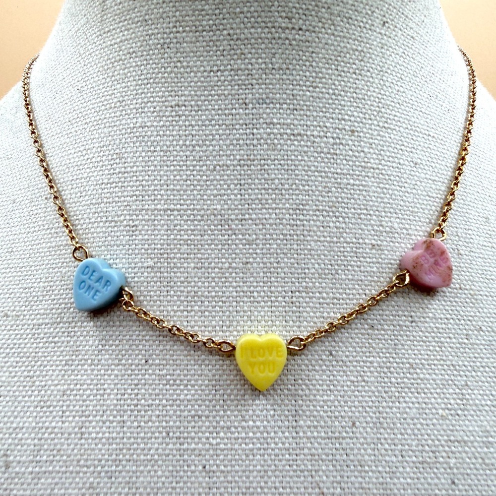 Avon Gold Tone Candy Conversation Heart Necklace Colorful Valentine Sweetheart